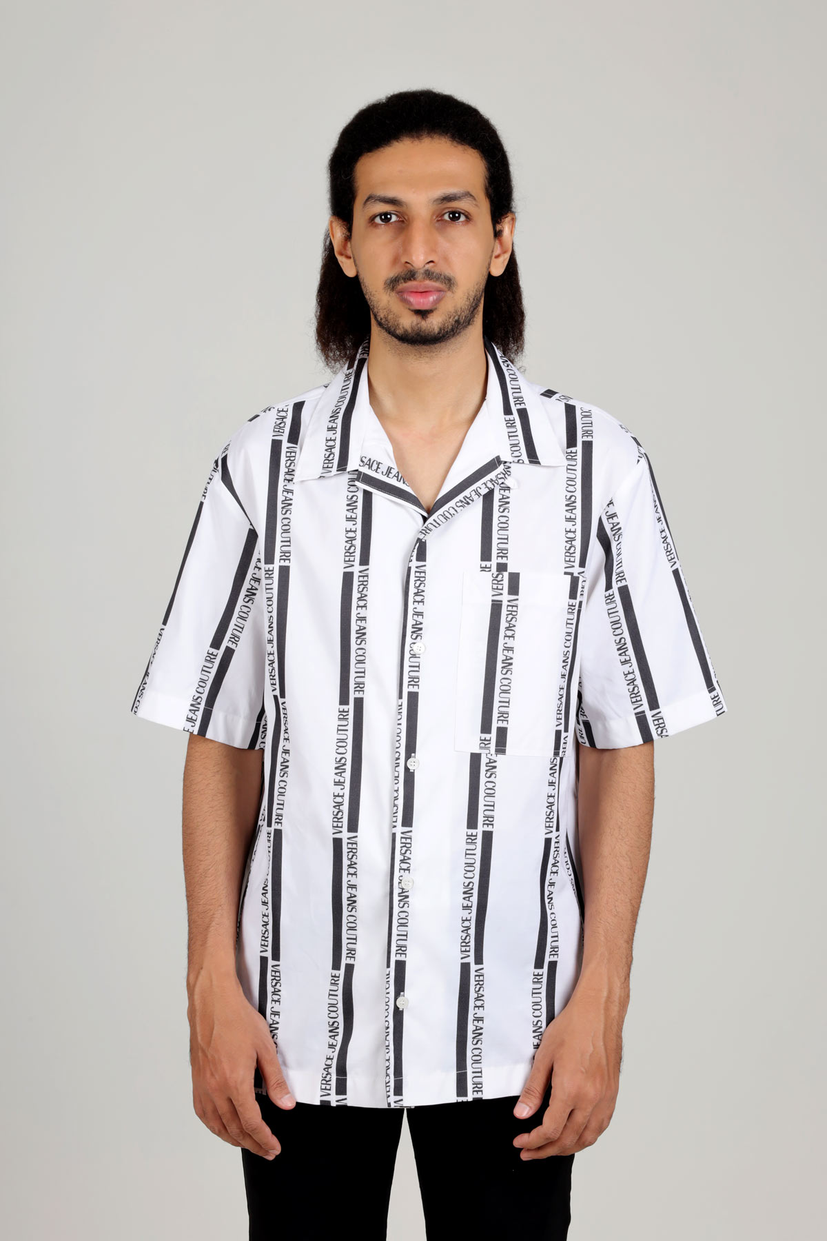 VERSACE JEANS COUTURE Men All Over Lateral Logo Print Shirt in White/Black 1