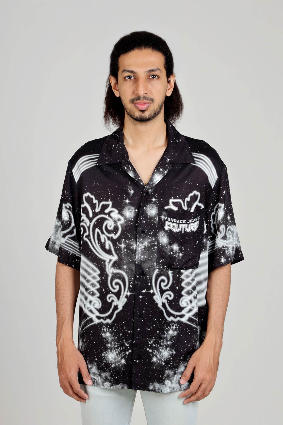 VERSACE JEANS COUTURE Men Galaxy Pattern x Logo Detail Shirt in Black/Grey/White 1