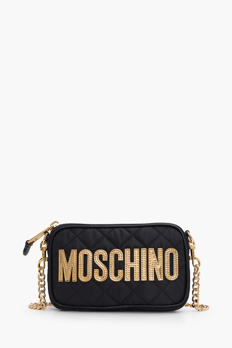 MOSCHINO Logo Patch Quilted Chain Crossbody Bag in Black GHW 0