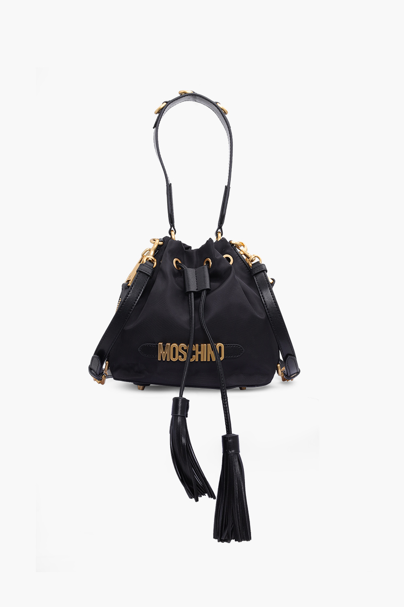 MOSCHINO Mini Lettering Logo Bucket Bag in Black GHW with Tassels 0