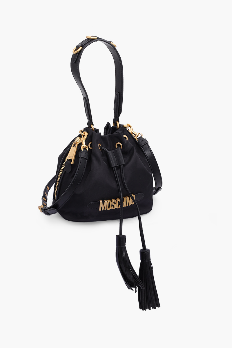 MOSCHINO Mini Lettering Logo Bucket Bag in Black GHW with Tassels 2