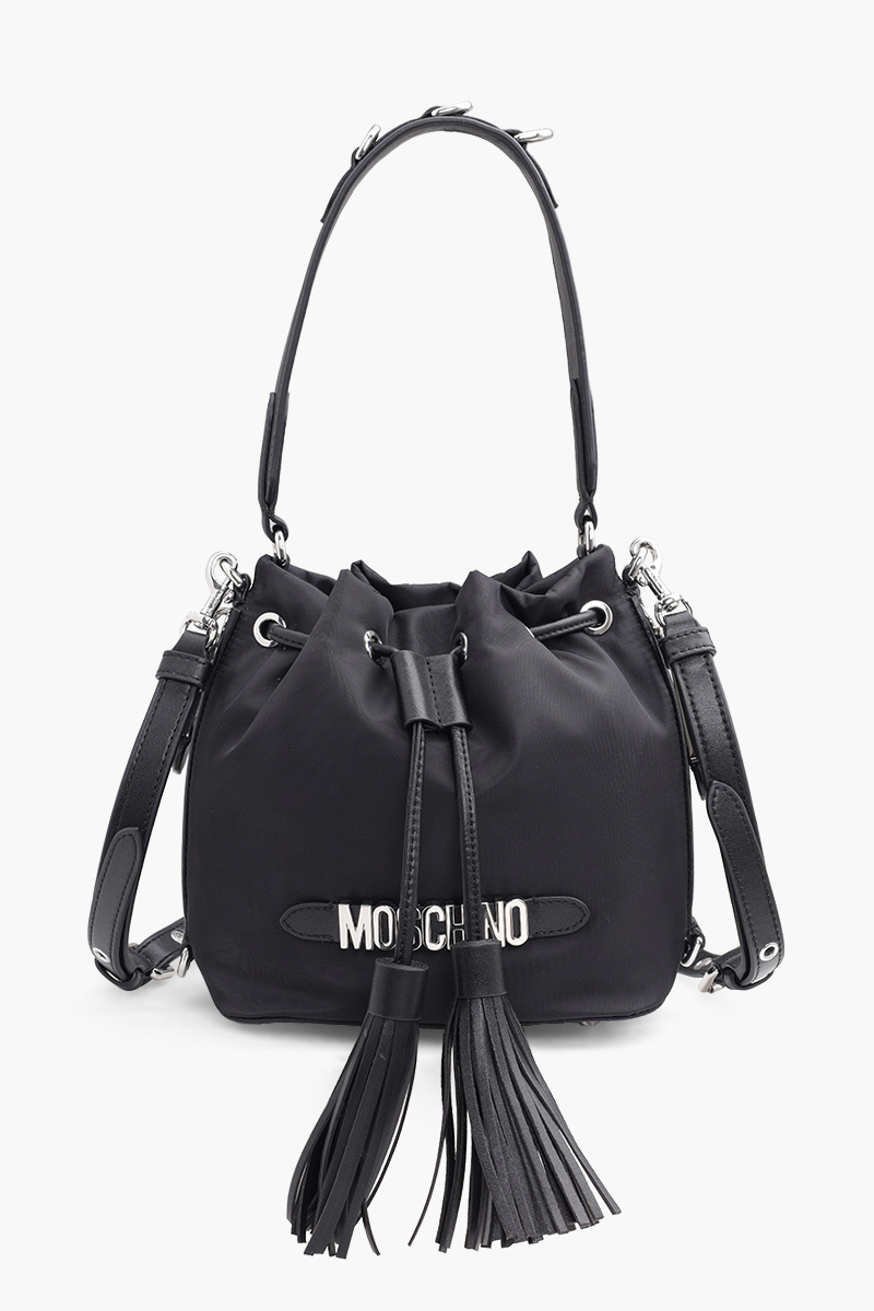 MOSCHINO Mini Lettering Logo Bucket Bag in Black SHW with Tassels 0