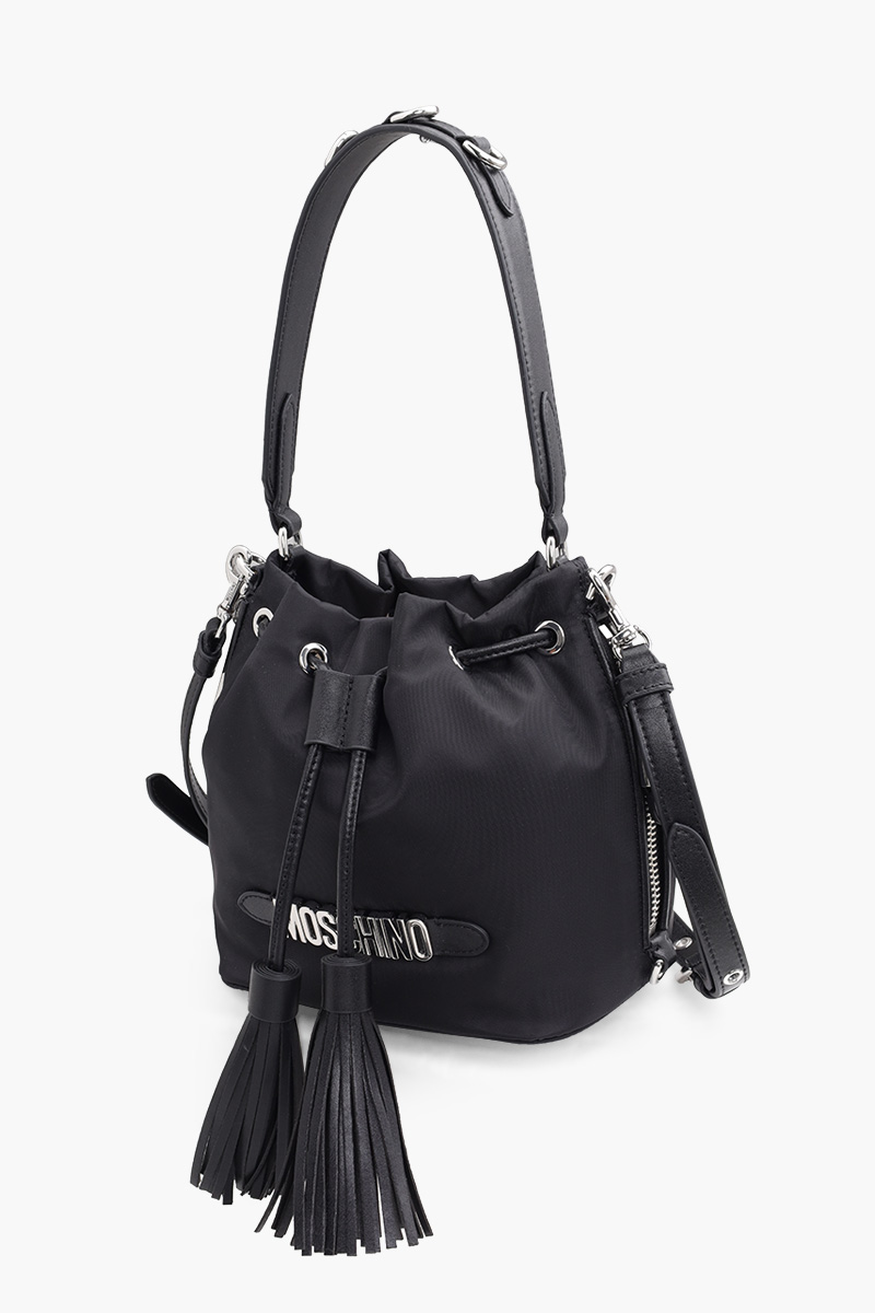 MOSCHINO Mini Lettering Logo Bucket Bag in Black SHW with Tassels 2