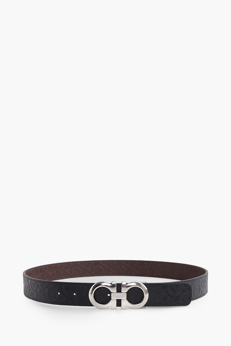 SALVATORE FERRAGAMO Men Reversible Belt 3.3cm in Tobacco/Black with All Over Embossed Logo SHW 1