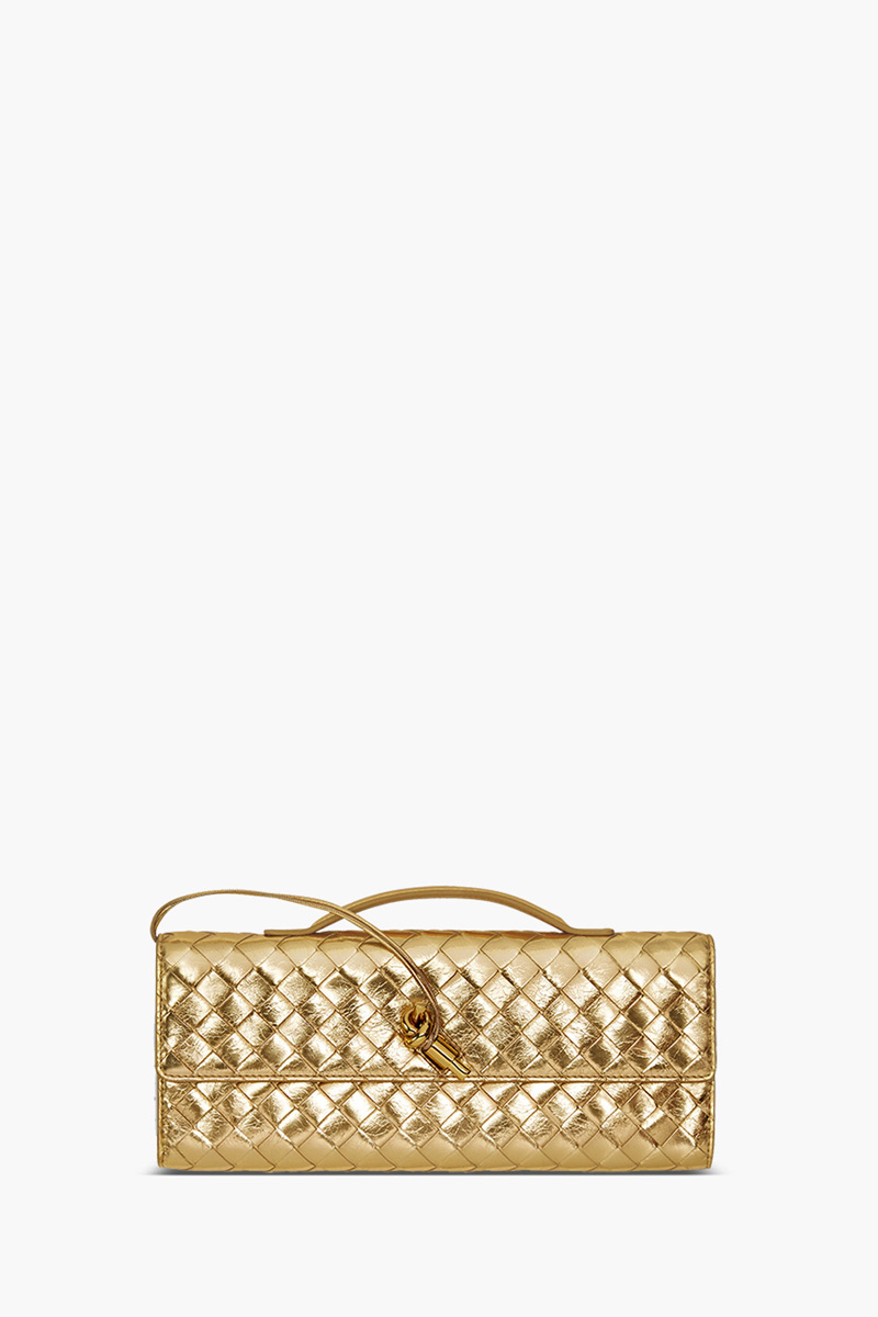 BOTTEGA VENETA Andiamo Intrecciato Long Clutch in Gold Foggy Mirror Effect with Handle 0
