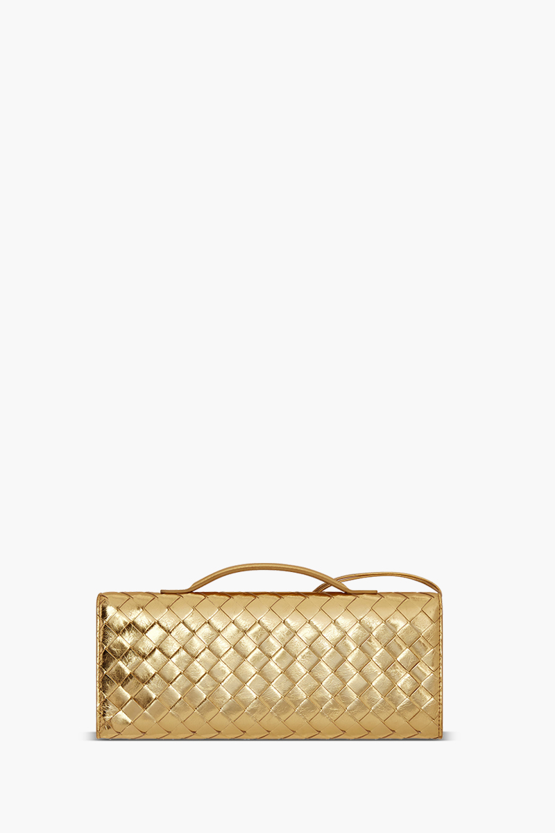 BOTTEGA VENETA Andiamo Intrecciato Long Clutch in Gold Foggy Mirror Effect with Handle 1