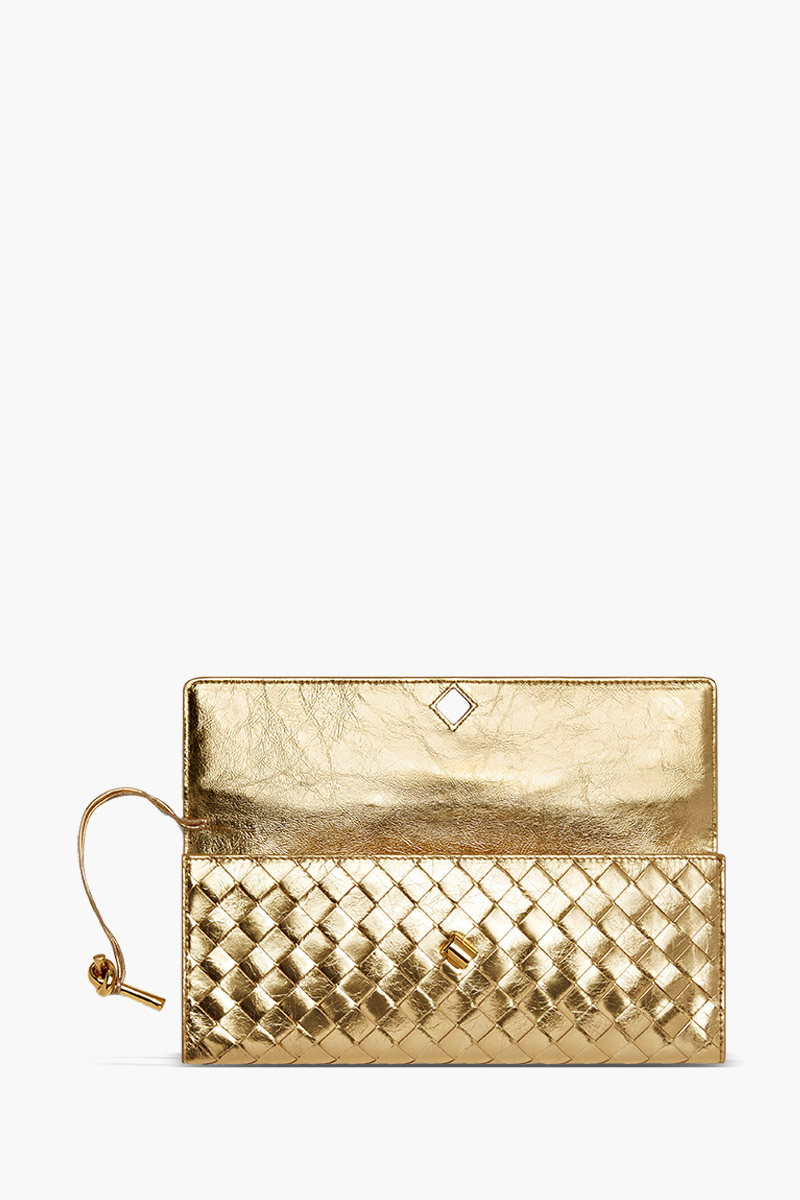 BOTTEGA VENETA Andiamo Intrecciato Long Clutch in Gold Foggy Mirror Effect with Handle 2