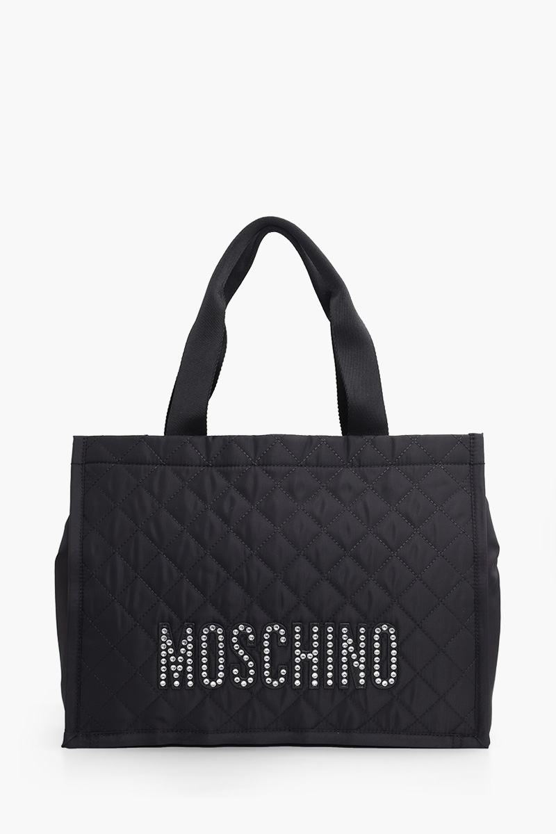 MOSCHINO Crystal Embellished Logo Padded Tote Bag in Black Quilted 0