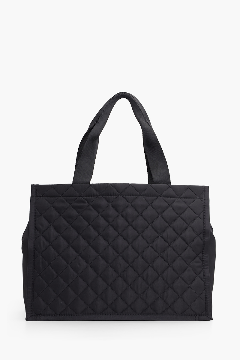 MOSCHINO Crystal Embellished Logo Padded Tote Bag in Black Quilted 1