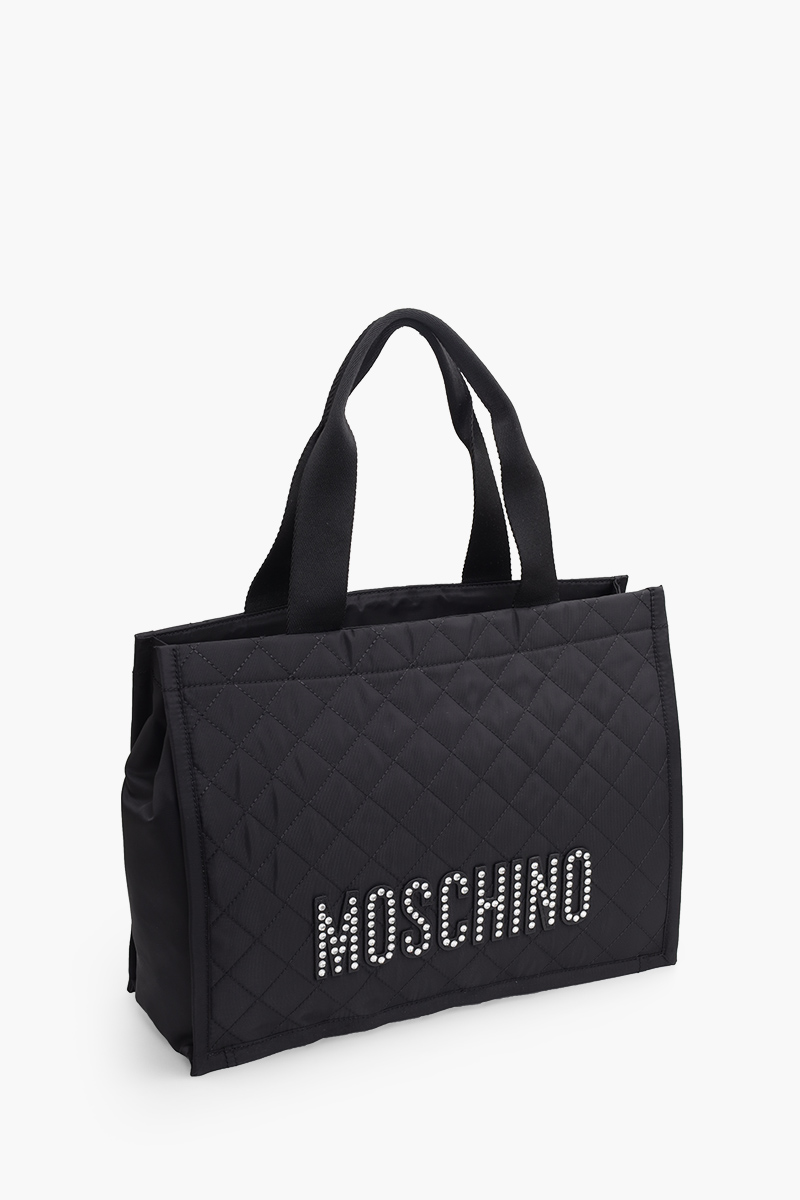 MOSCHINO Crystal Embellished Logo Padded Tote Bag in Black Quilted 2