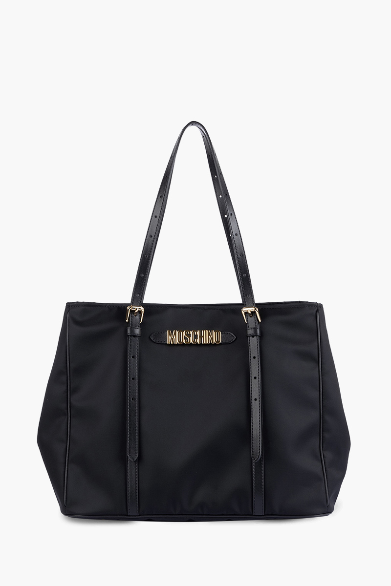 MOSCHINO Logo Plaque Tote Bag Black Nylon GHW 0