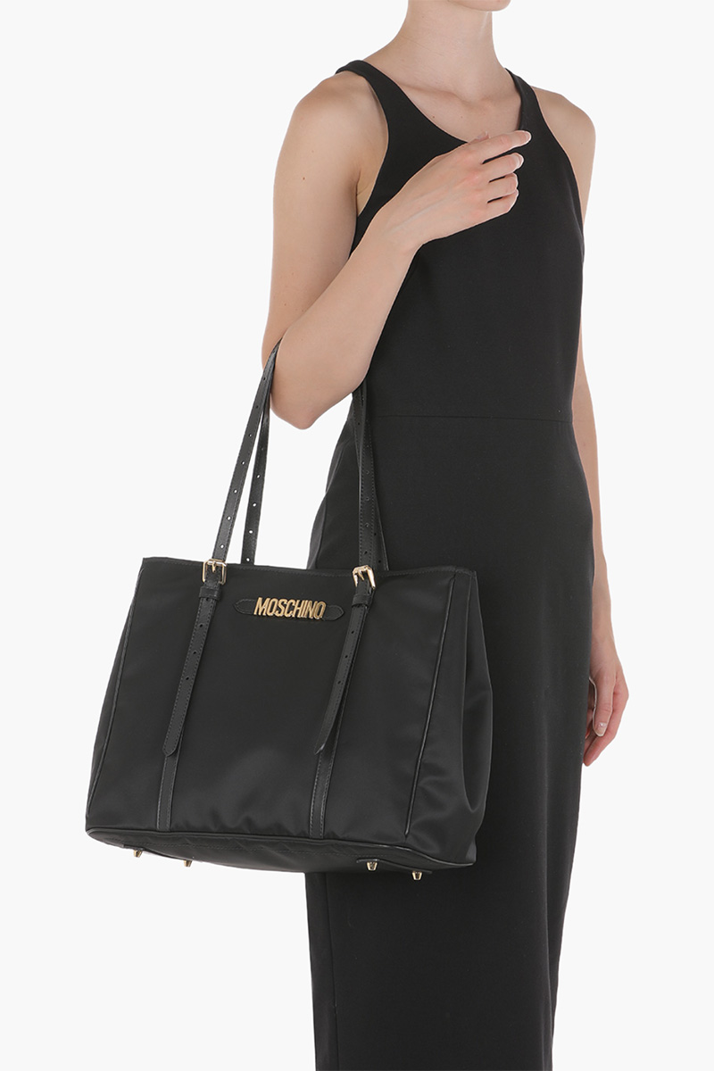 MOSCHINO Logo Plaque Tote Bag Black Nylon GHW 3