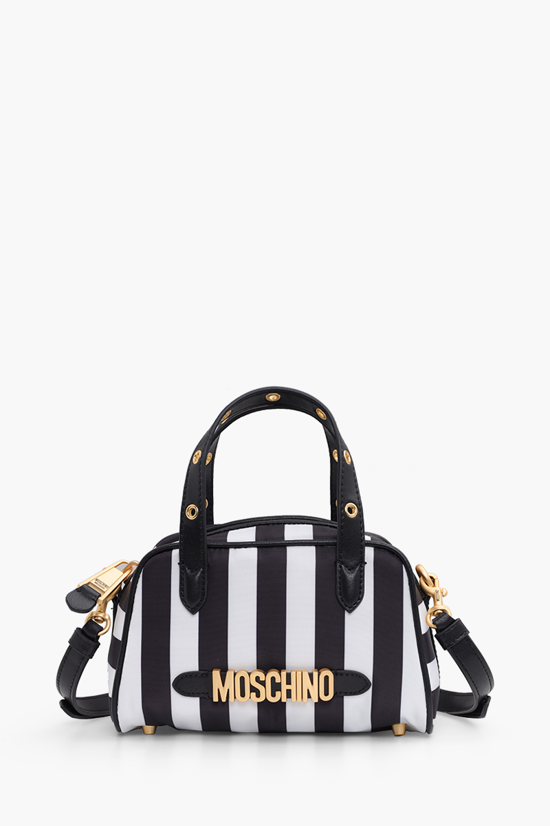 MOSCHINO Logo Top Handle Shoulder Bag in Black/White GHW with Metal Detail 0