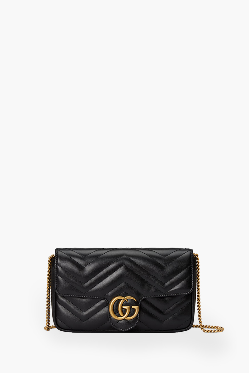 GUCCI Mini GG Marmont Chain Shoulder Bag in Black Leather with White Detachable Card Case 0