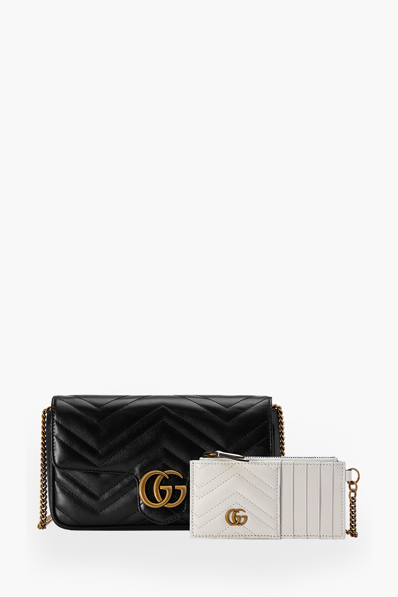 GUCCI Mini GG Marmont Chain Shoulder Bag in Black Leather with White Detachable Card Case 2