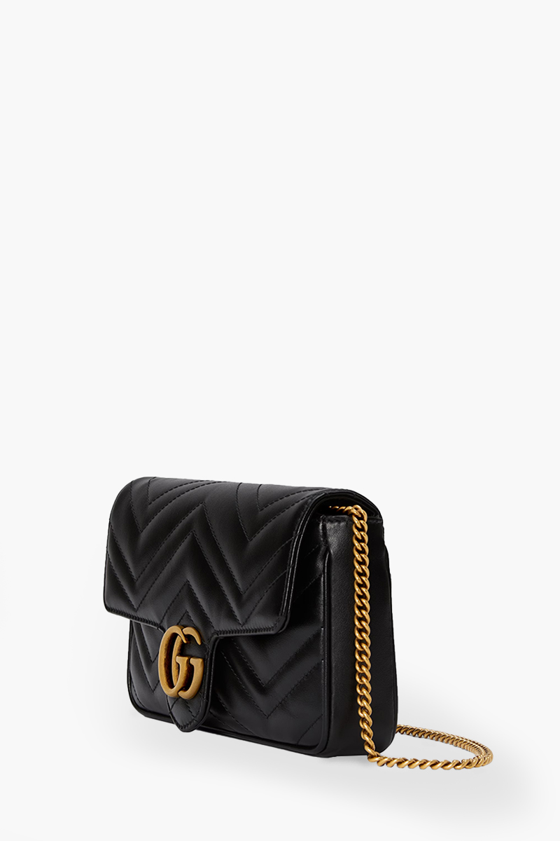 GUCCI Mini GG Marmont Chain Shoulder Bag in Black Leather with White Detachable Card Case 3