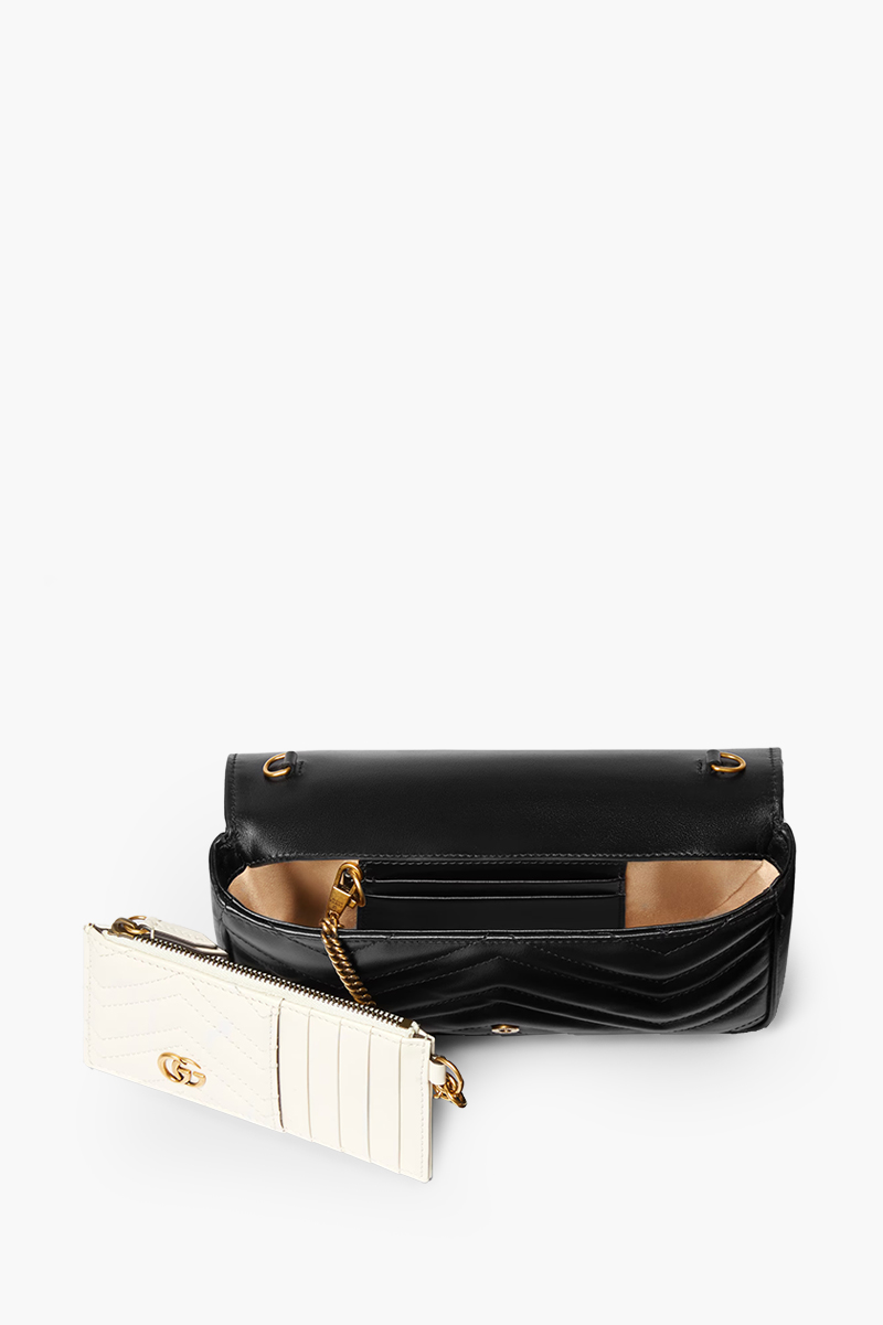 GUCCI Mini GG Marmont Chain Shoulder Bag in Black Leather with White Detachable Card Case 4