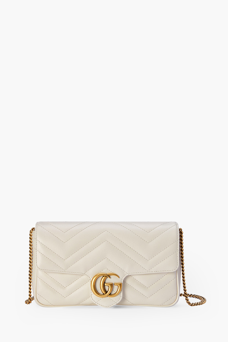 GUCCI Mini GG Marmont Chain Shoulder Bag in White/Black Leather with White Detachable Card Case 0