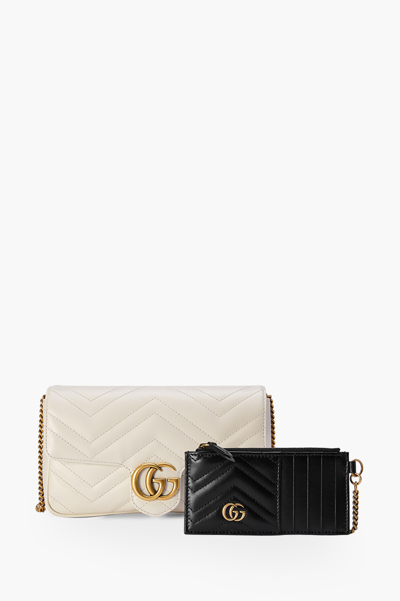 GUCCI Mini GG Marmont Chain Shoulder Bag in White/Black Leather with White Detachable Card Case 1