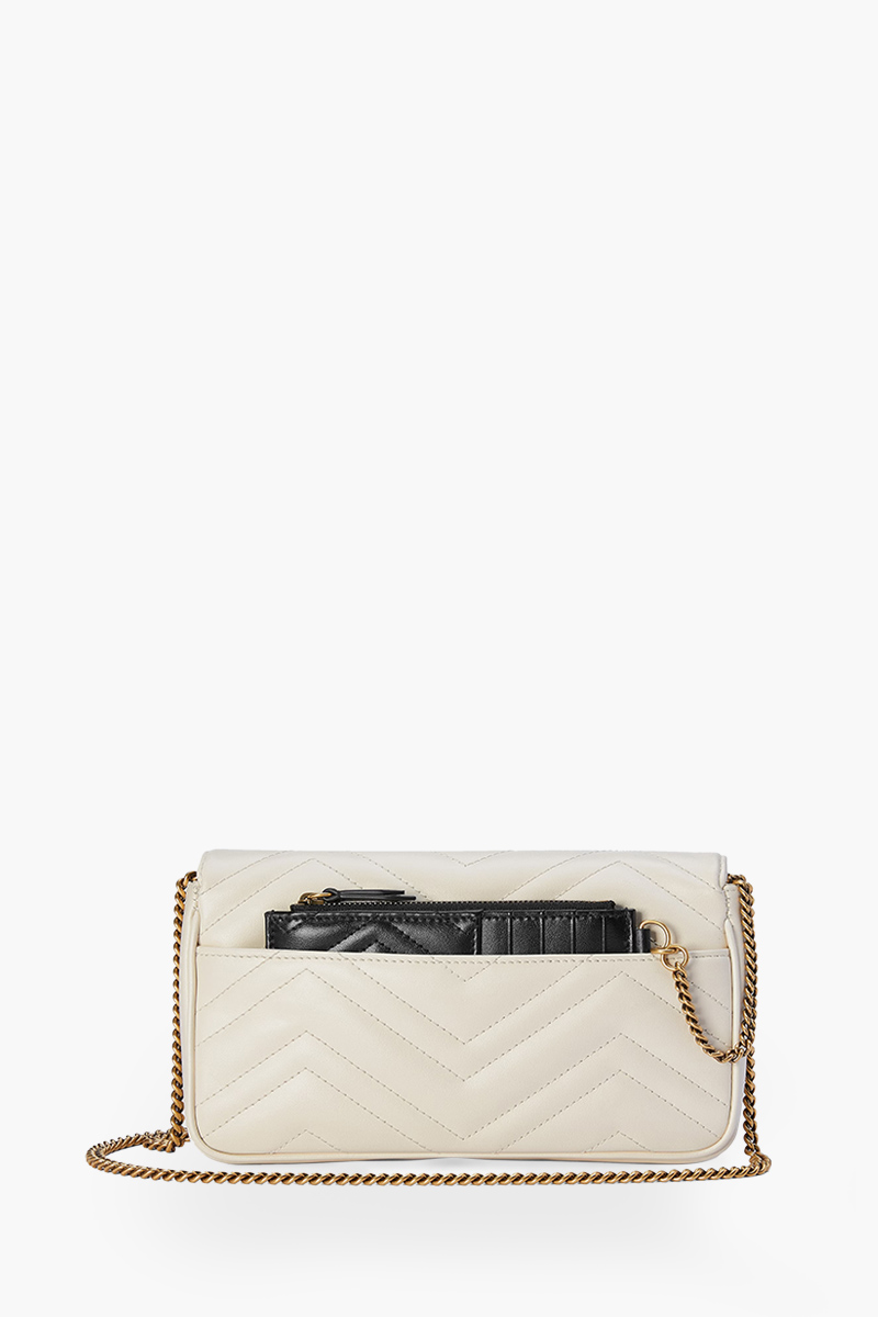 GUCCI Mini GG Marmont Chain Shoulder Bag in White/Black Leather with White Detachable Card Case 2