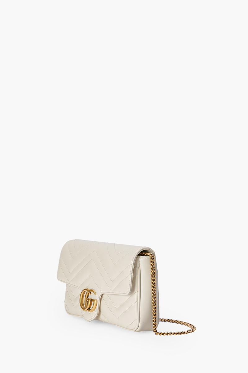 GUCCI Mini GG Marmont Chain Shoulder Bag in White/Black Leather with White Detachable Card Case 3