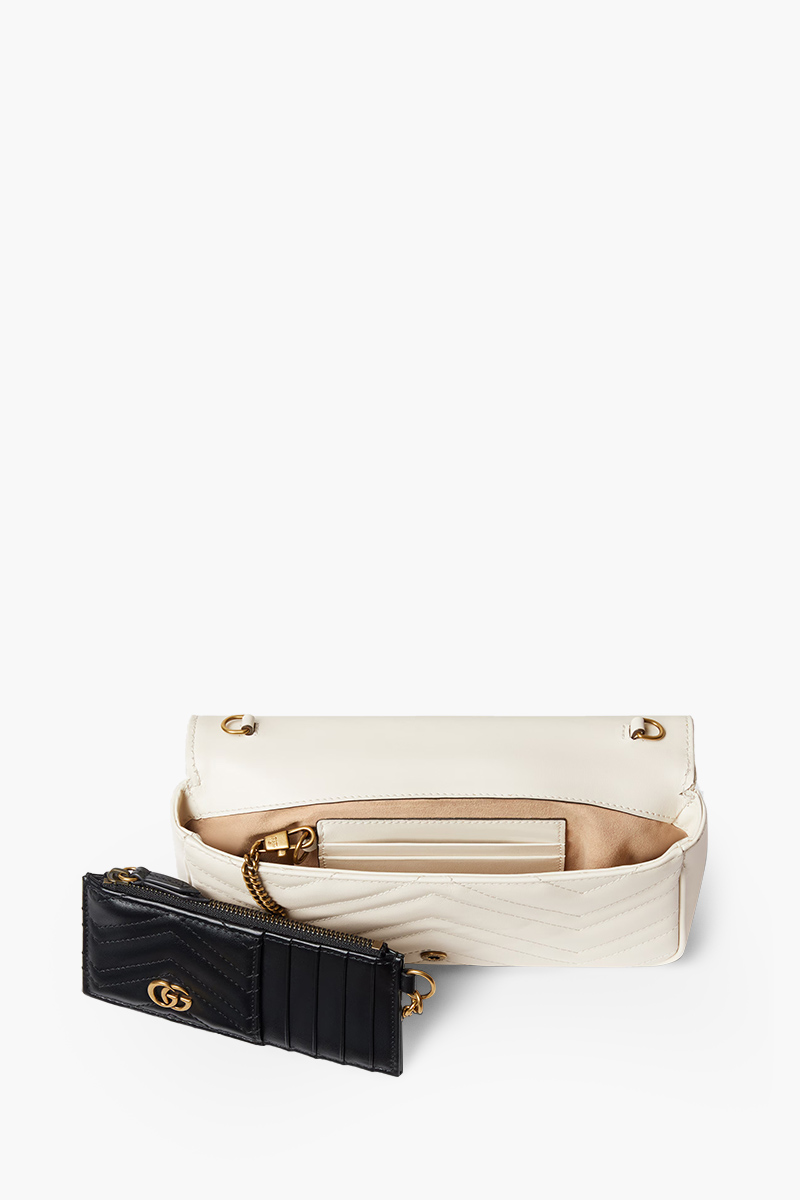 GUCCI Mini GG Marmont Chain Shoulder Bag in White/Black Leather with White Detachable Card Case 4