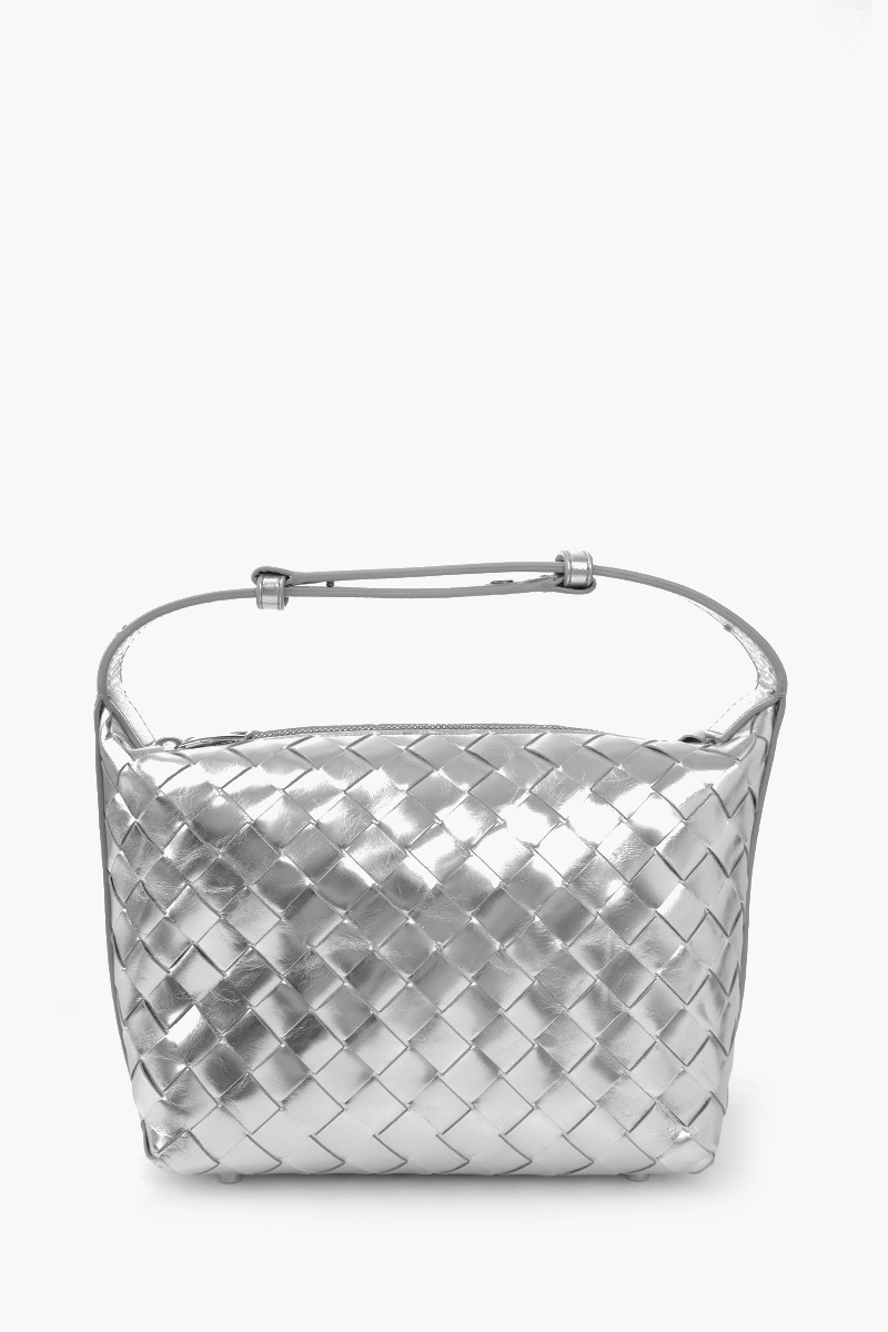 BOTTEGA VENETA Mini Wallace Intrecciato Shoulder Bag in Silver Calf Foggy Mirror Effect 0