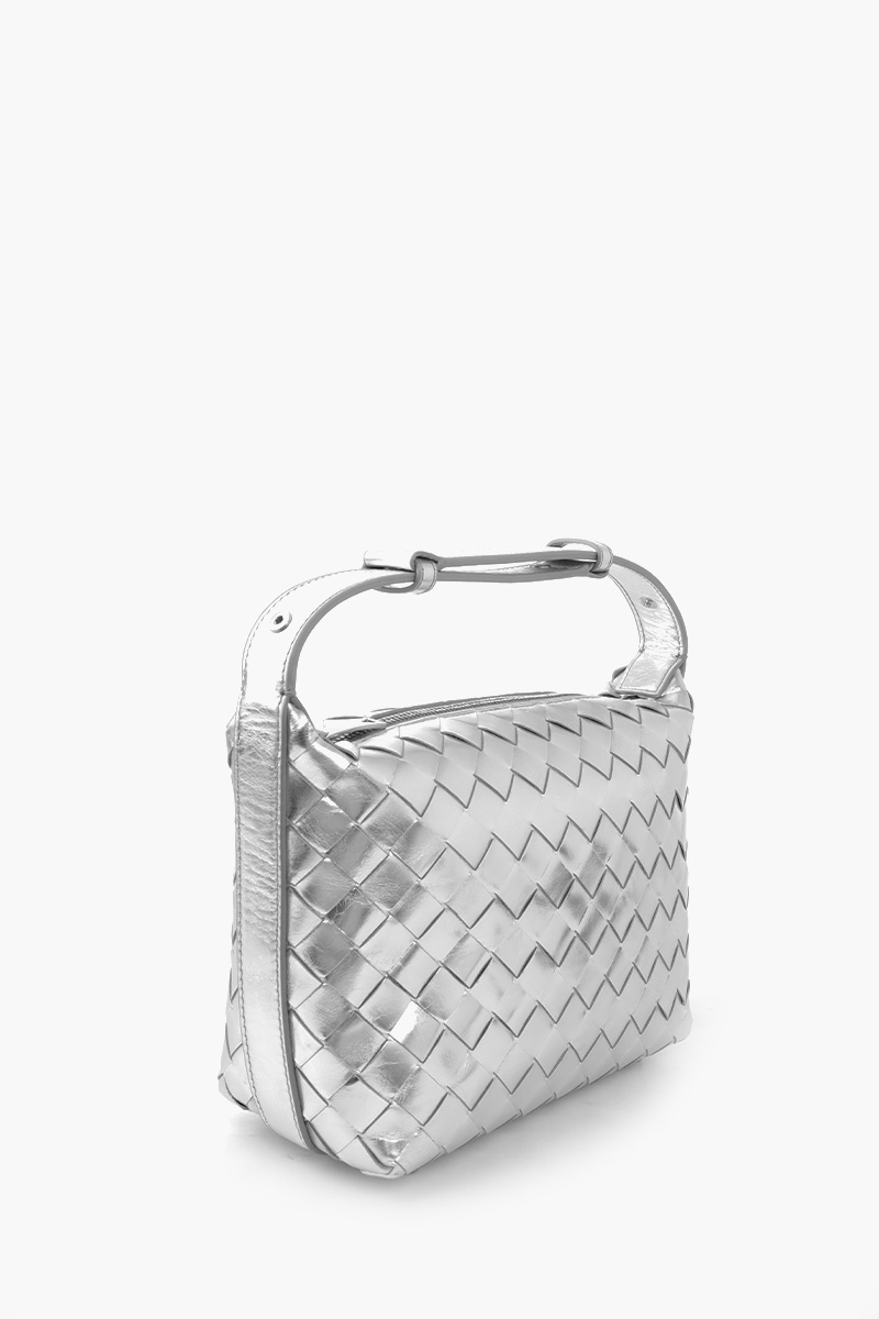 BOTTEGA VENETA Mini Wallace Intrecciato Shoulder Bag in Silver Calf Foggy Mirror Effect 1