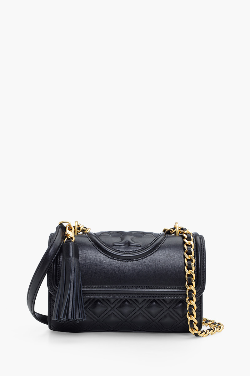 TORY BURCH Small Fleming Convertible Shoulder Bag in Black GHW with Tassels 0