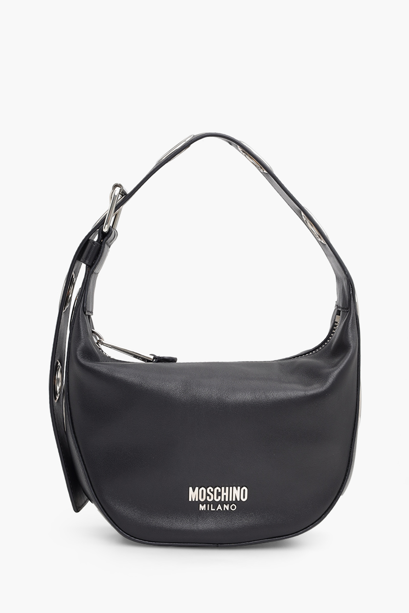 MOSCHINO Metal Macro Eyelets Hand Bag in Black Calfskin with Logo SHW 0