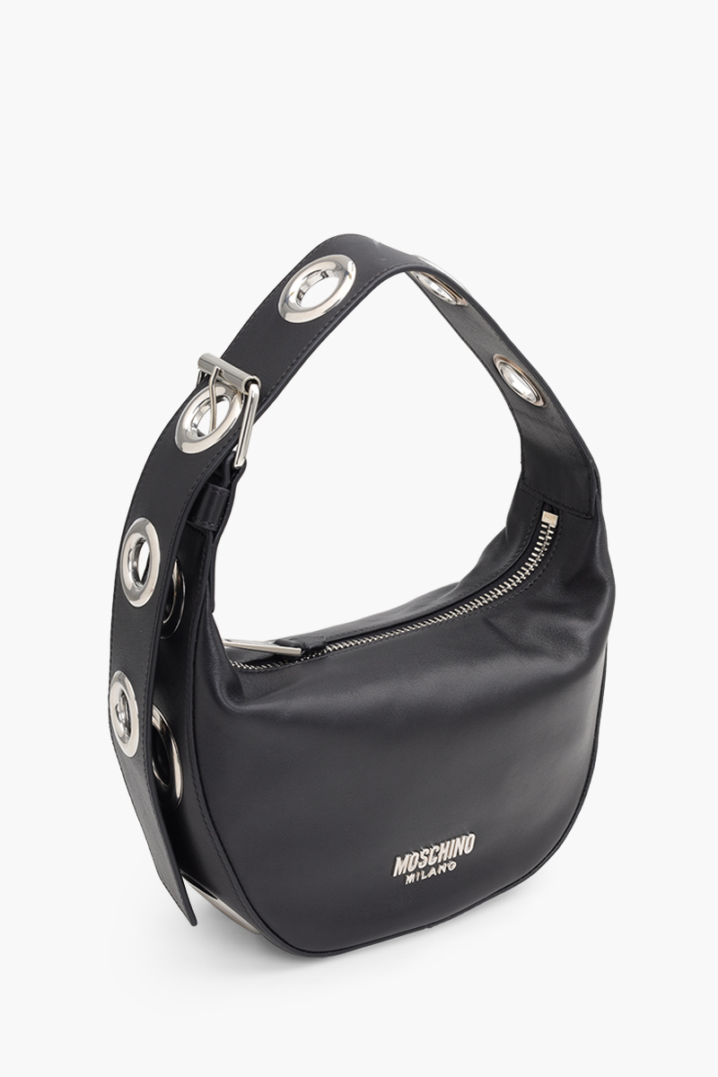 MOSCHINO Metal Macro Eyelets Hand Bag in Black Calfskin with Logo SHW 2