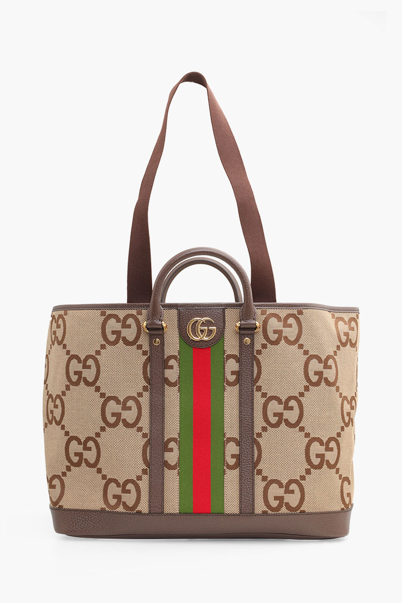 GUCCI Medium Jumbo GG Tote Bag in Camel/Ebony Canvas with Green/Red Web 0