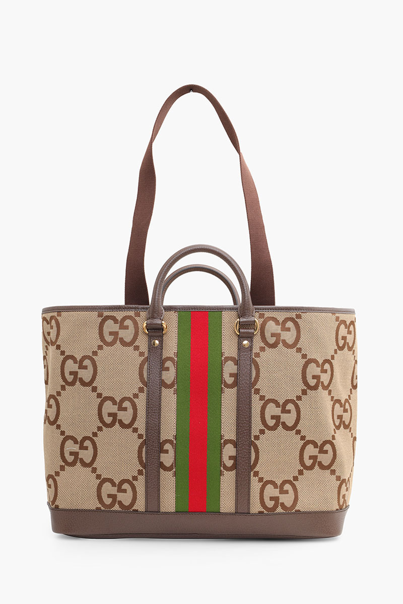 GUCCI Medium Jumbo GG Tote Bag in Camel/Ebony Canvas with Green/Red Web 1