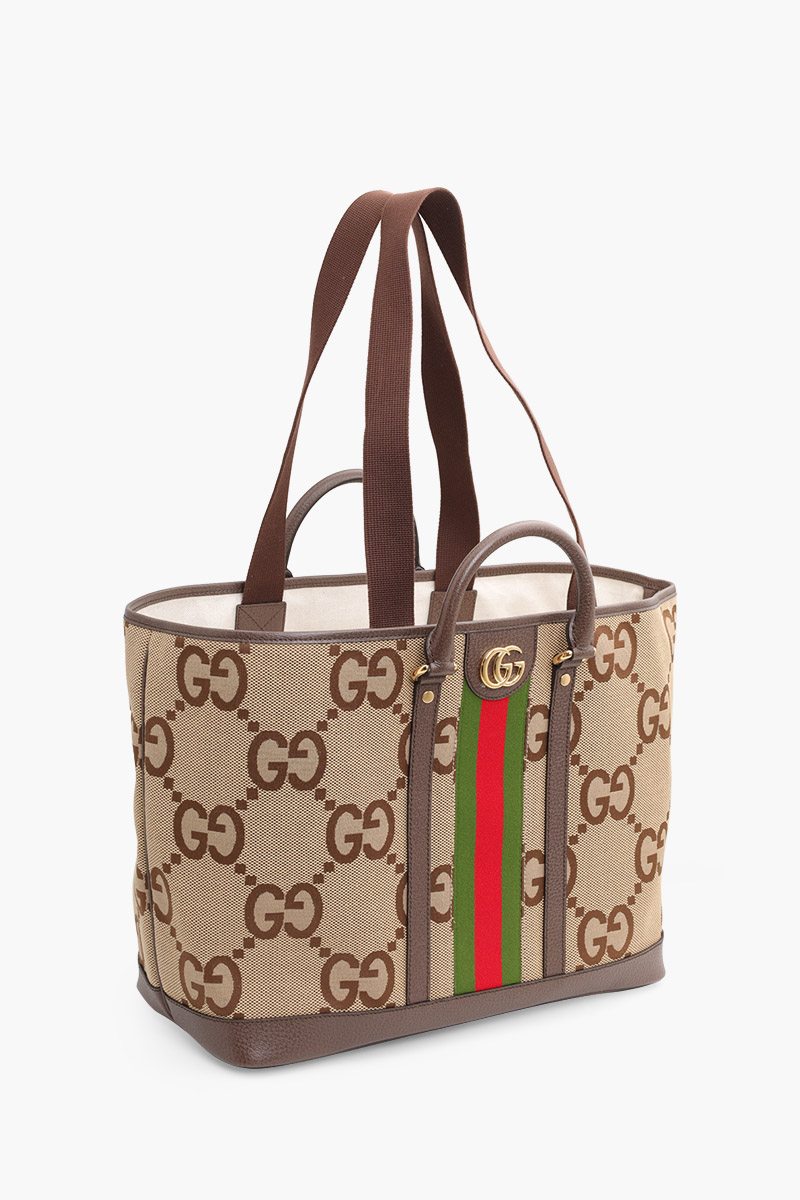 GUCCI Medium Jumbo GG Tote Bag in Camel/Ebony Canvas with Green/Red Web 2