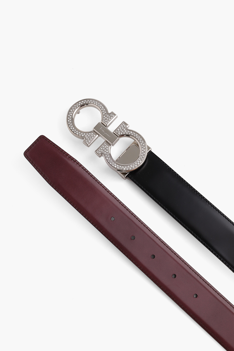 SALVATORE FERRAGAMO Men Reversible Gancini Belt 4cm in Black/Fog Smooth Calfskin with Crystaks on Buckle 3