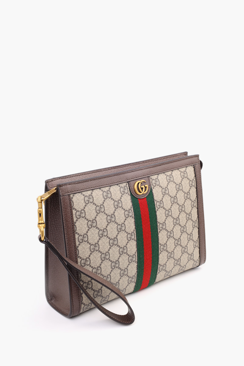 GUCCI Ophidia GG Supreme Pouch in Beige/Ebony Canvas with Detachable Wrist Strap  1