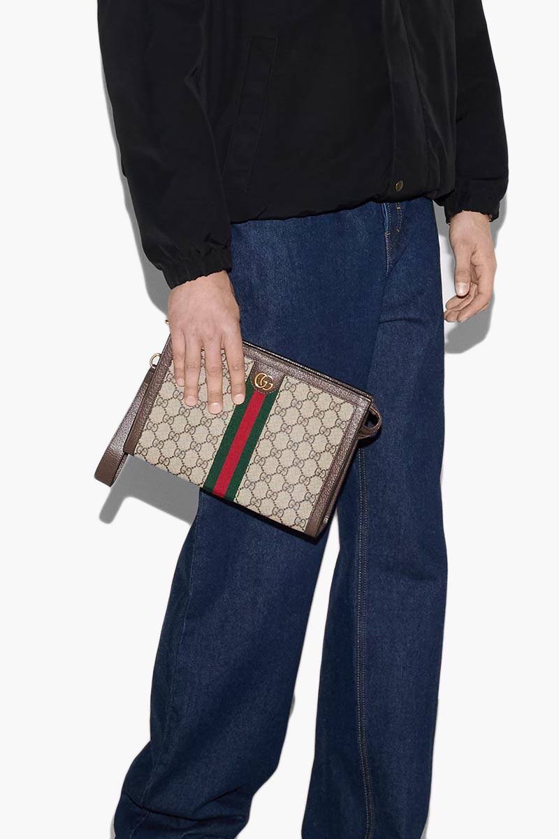 GUCCI Ophidia GG Supreme Pouch in Beige/Ebony Canvas with Detachable Wrist Strap  4