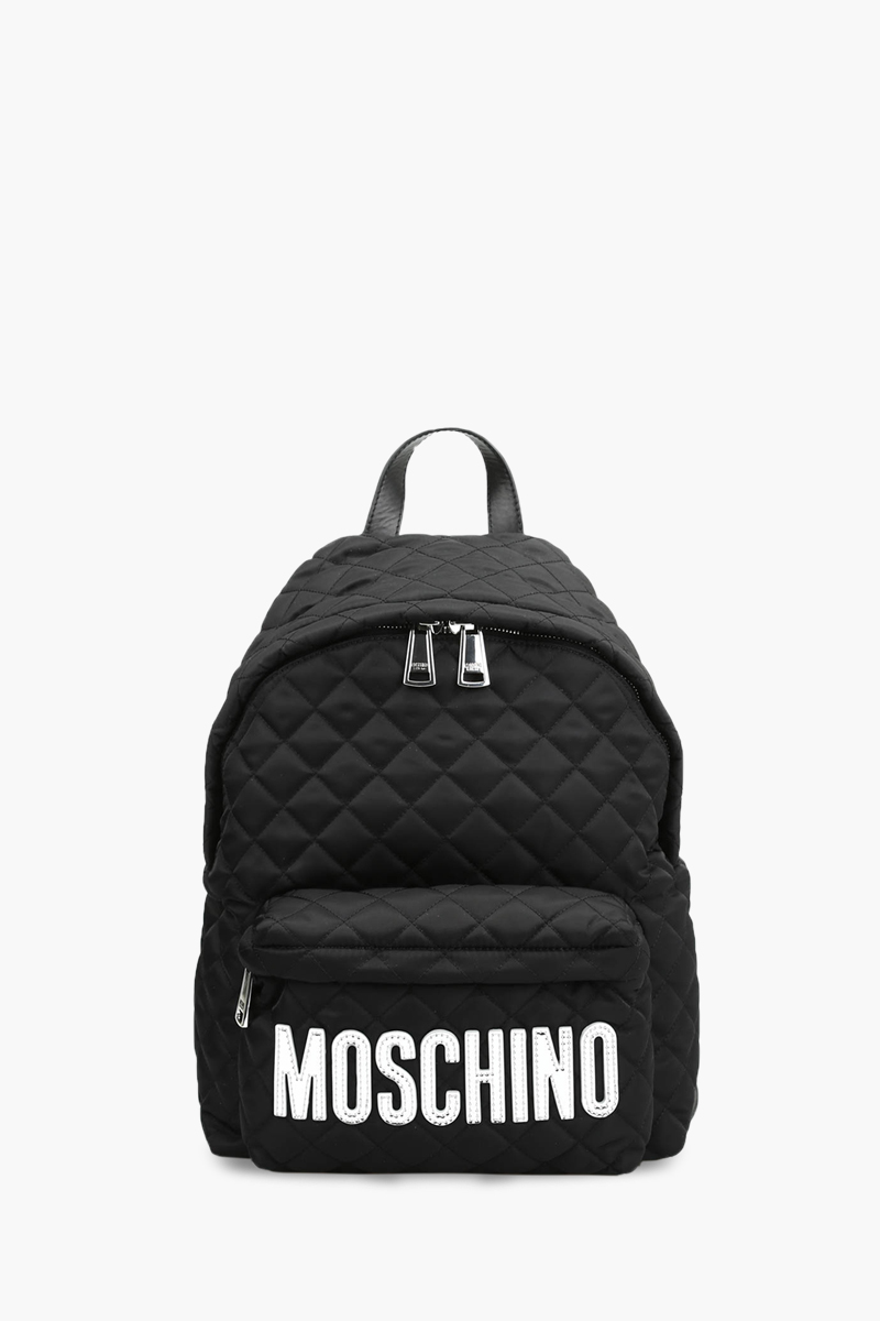 MOSCHINO Men Medium Logo Quilted Nylon Backpack in Black with Silver Logo 0