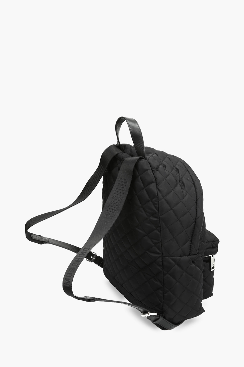 MOSCHINO Men Medium Logo Quilted Nylon Backpack in Black with Silver Logo 1