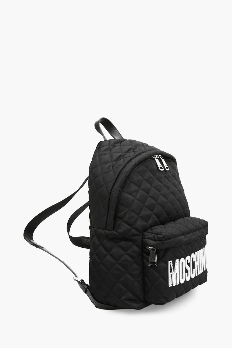 MOSCHINO Men Medium Logo Quilted Nylon Backpack in Black with Silver Logo 2