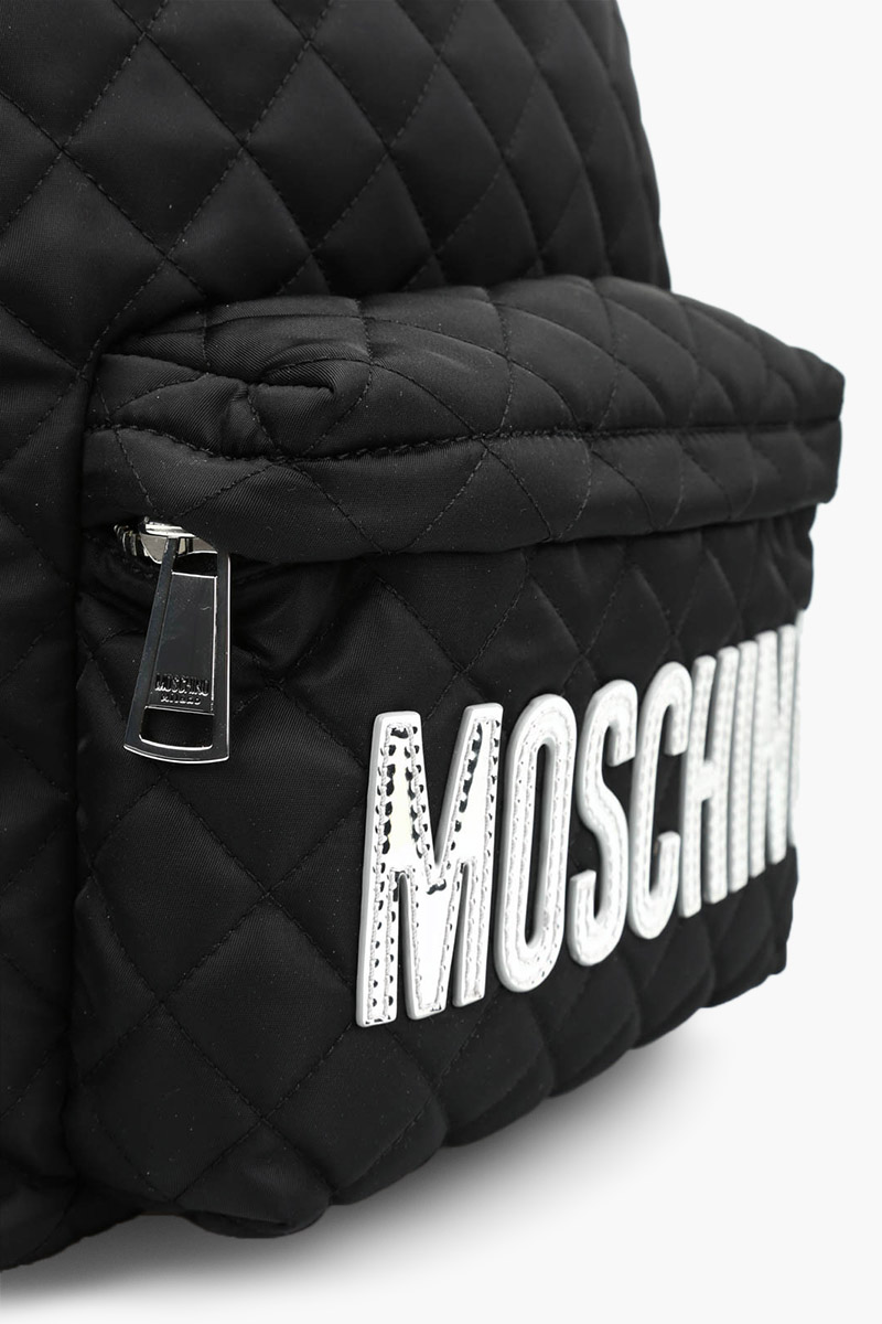 MOSCHINO Men Medium Logo Quilted Nylon Backpack in Black with Silver Logo 4