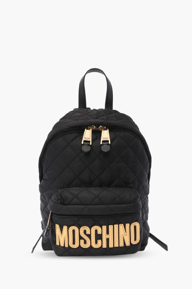 MOSCHINO Medium Backpack in Black Quilted with Gold Logo 0