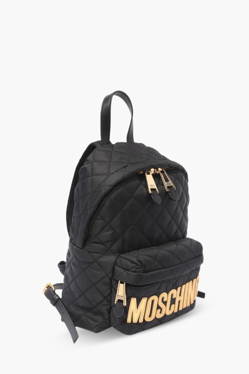 MOSCHINO Medium Backpack in Black Quilted with Gold Logo 2