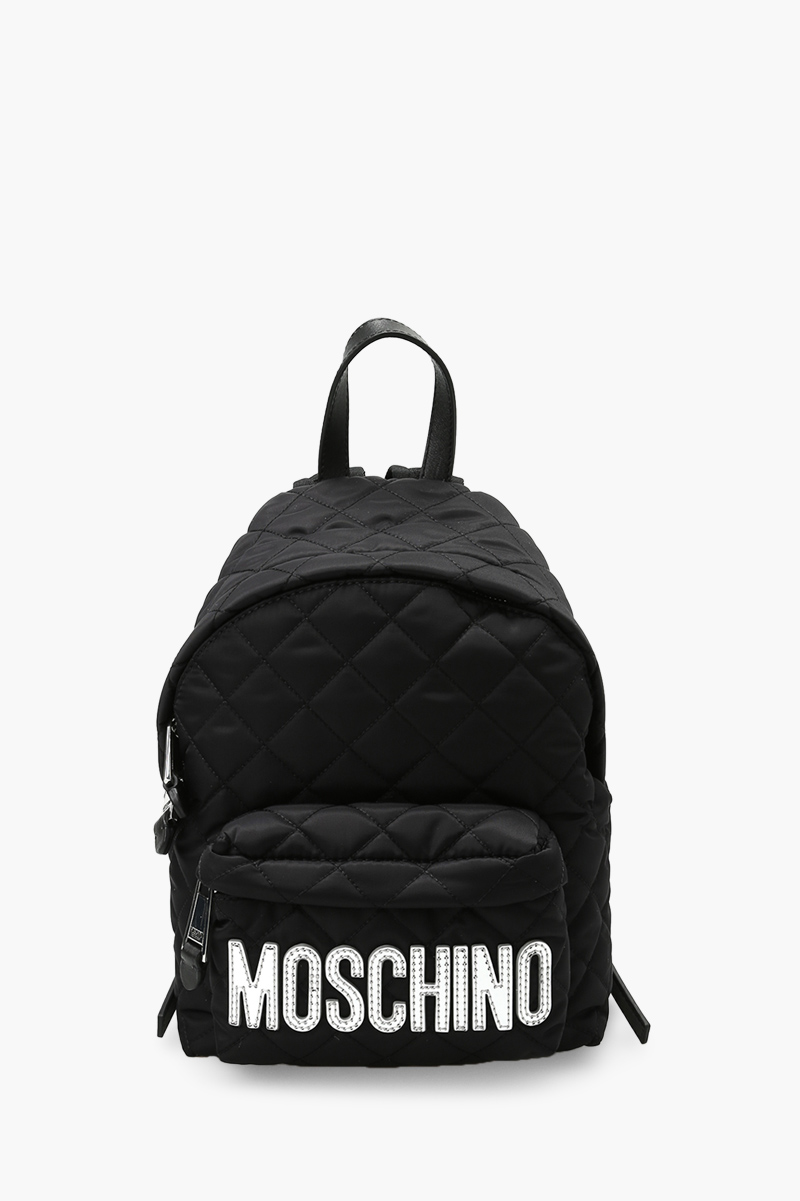 MOSCHINO Medium Backpack in Black Quilted with Silver Logo 0