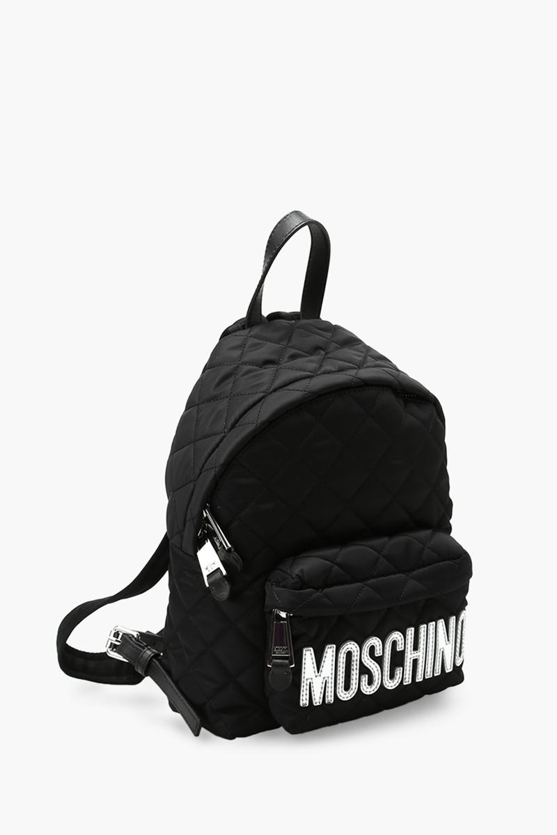 MOSCHINO Medium Backpack in Black Quilted with Silver Logo 2