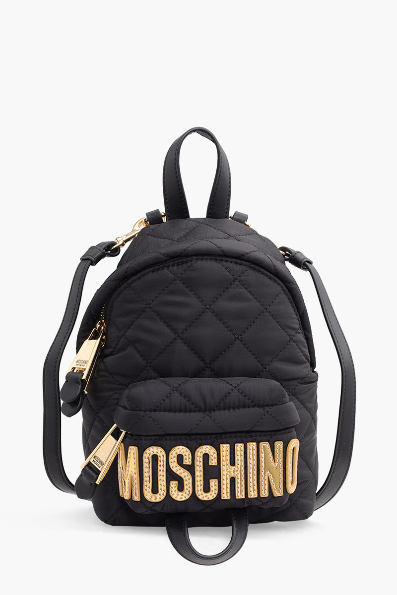 MOSCHINO Bebeboo Logo Backpack in Black Quilted with Gold Logo 0