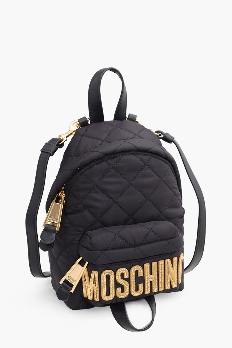 MOSCHINO Bebeboo Logo Backpack in Black Quilted with Gold Logo 2