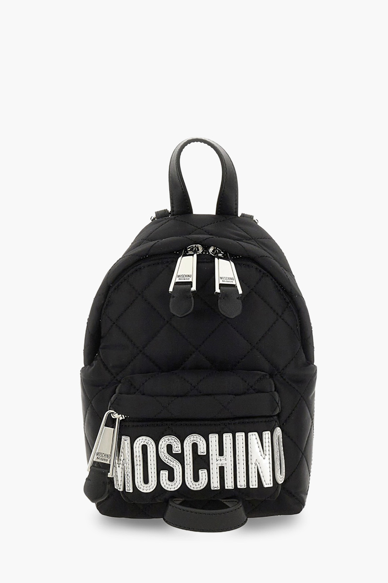 MOSCHINO Bebeboo Logo Backpack in Black Quilted with Silver Logo 0