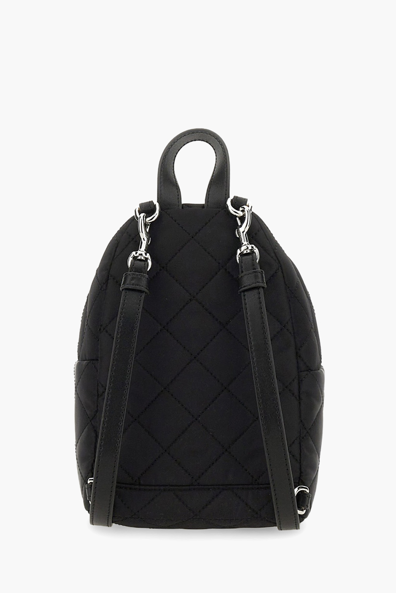 MOSCHINO Bebeboo Logo Backpack in Black Quilted with Silver Logo 1