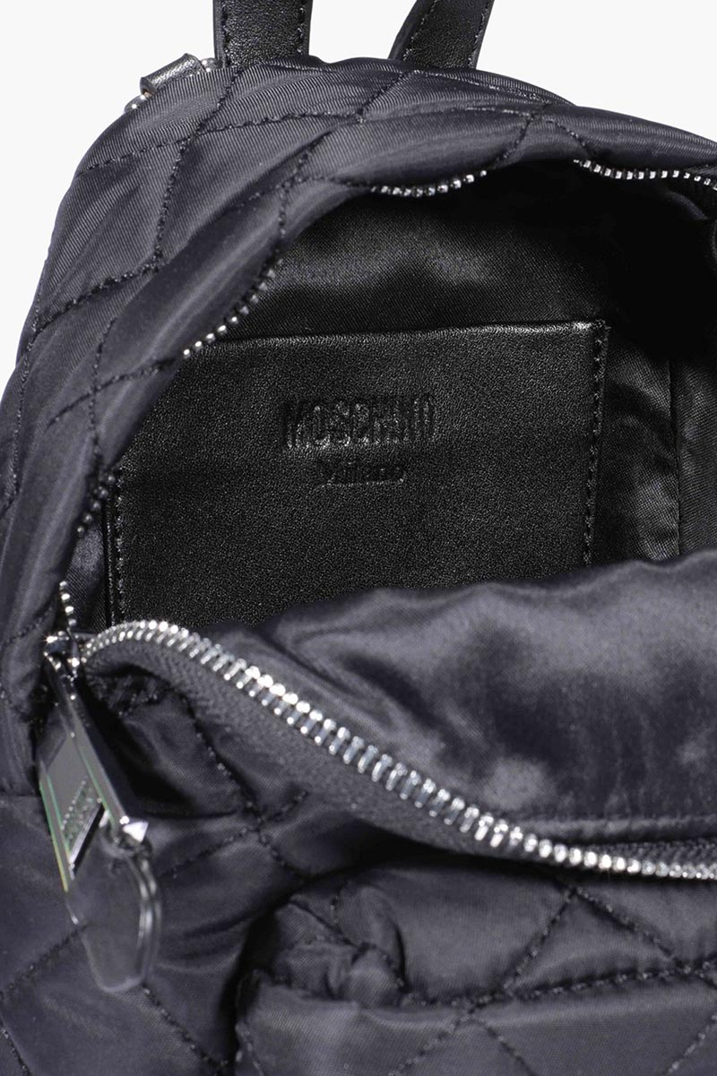 MOSCHINO Bebeboo Logo Backpack in Black Quilted with Silver Logo 3